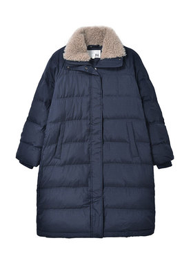 MIIWII末未24冬藏青色翻领长款保暖菱格纹绗缝羽绒服女R244512