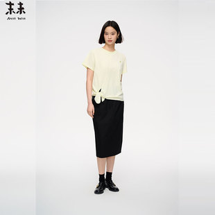 MIIWII末未25夏浅绿色设计感侧绑带针织短袖上衣女T252317