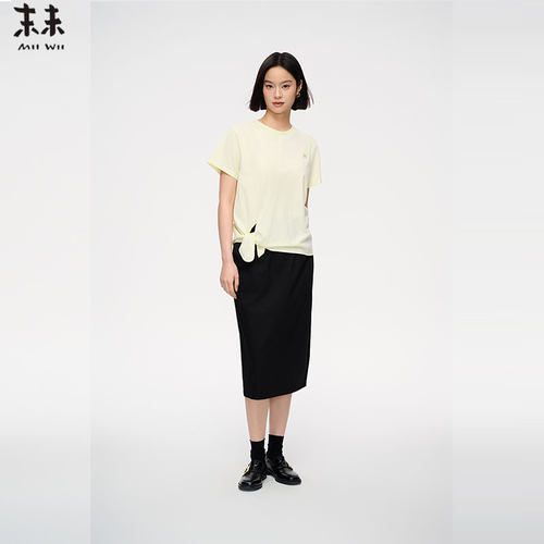 MIIWII末未25夏浅绿色设计感侧绑带针织短袖上衣女T252317