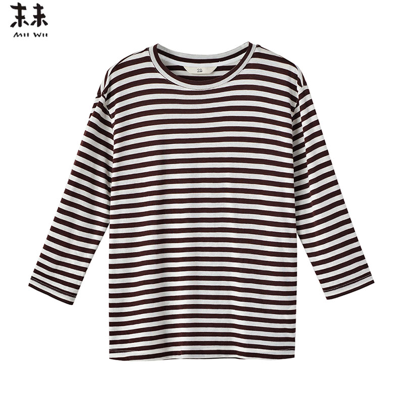 MIIWII末未25夏枣红白条纹色织针织长袖上衣女T252133