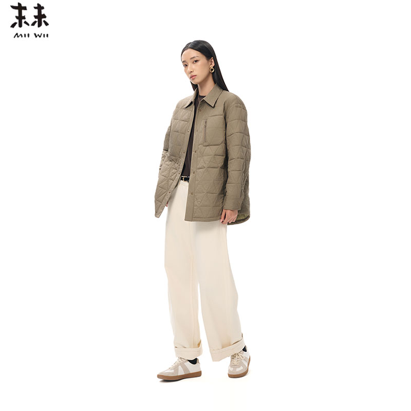 MIIWII末未25秋军绿色衬衫领薄棉衣设计感廓形外套女M253239