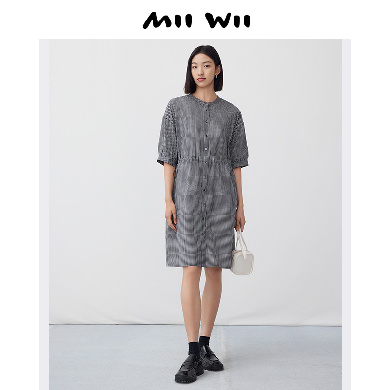 末未全棉黑白格连衣裙