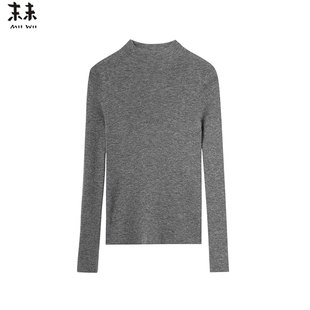 女X254135 羊毛打底衫 MIIWII末未25冬浅灰色半高领针织套头衫 修身