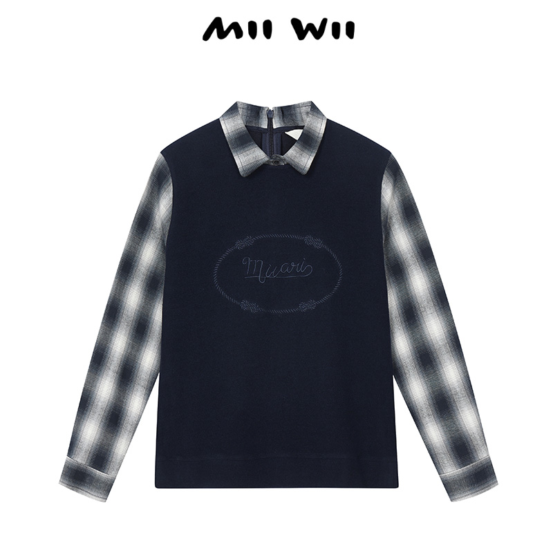 末未MIIWII24冬长袖藏青色针织拼接上衣S244123女士