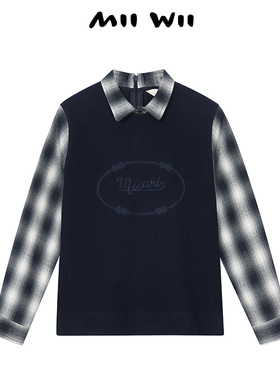 末未MIIWII24冬长袖藏青色针织拼接上衣S244123女士
