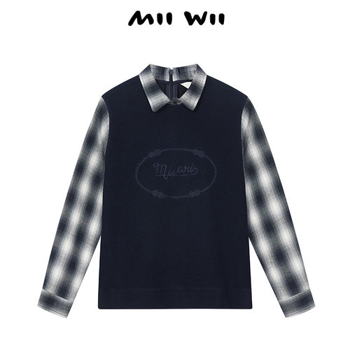 末未MIIWII24冬长袖藏青色针织拼接上衣S244123女士