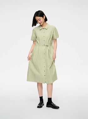 MIIWII末未25夏绿色条纹衬衫领休闲束腰型连衣裙女L252319