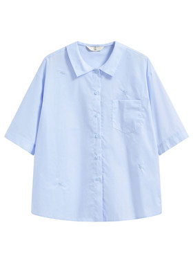 MIIWII末未25夏浅蓝色全棉绣花衬衫领短袖知识分子风衬衫C252601