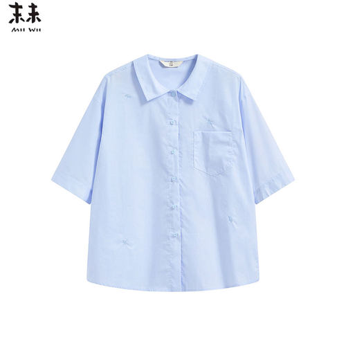 MIIWII末未25夏浅蓝色全棉绣花衬衫领短袖知识分子风衬衫C252601