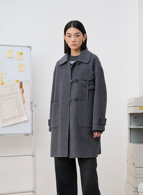 MIIWII末未25冬灰色羊毛棉翻领大衣衬衫领极简廓形大衣女D254510