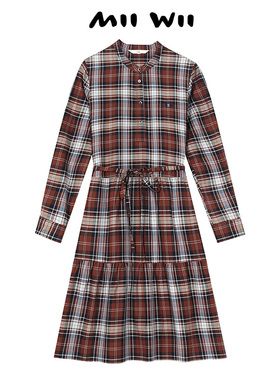 【断码清仓】末未MIIWII23秋咖格棉天丝圆领衬衫连衣裙女L233306