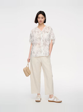 MIIWII末未25夏白色V领休闲短袖田园风印花上衣女S252411