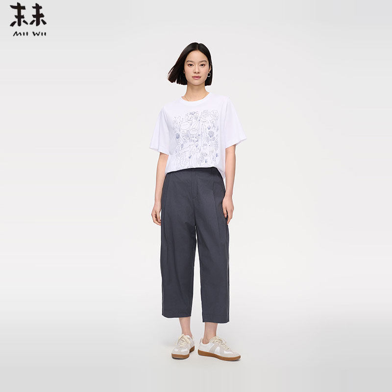 MIIWII末未25夏灰色全棉九分直筒裤棉质轻薄休闲裤女K252611
