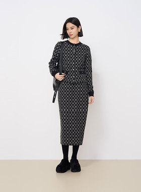 MIIWII末未24冬黑灰格纹针织开衫外套粗花呢小香风外套女X244625