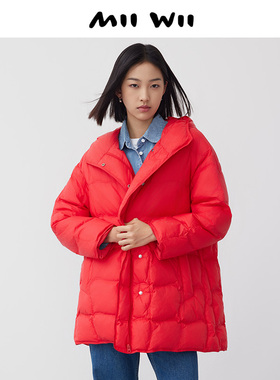 末未MIIWII24春红色压方格连帽中长羽绒服R241103女士