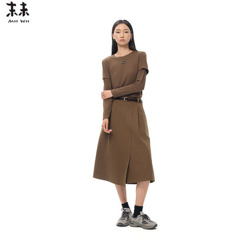 MIIWII末未25秋咖色圆领长袖亚麻针织上衣百搭假两件T恤女T253231