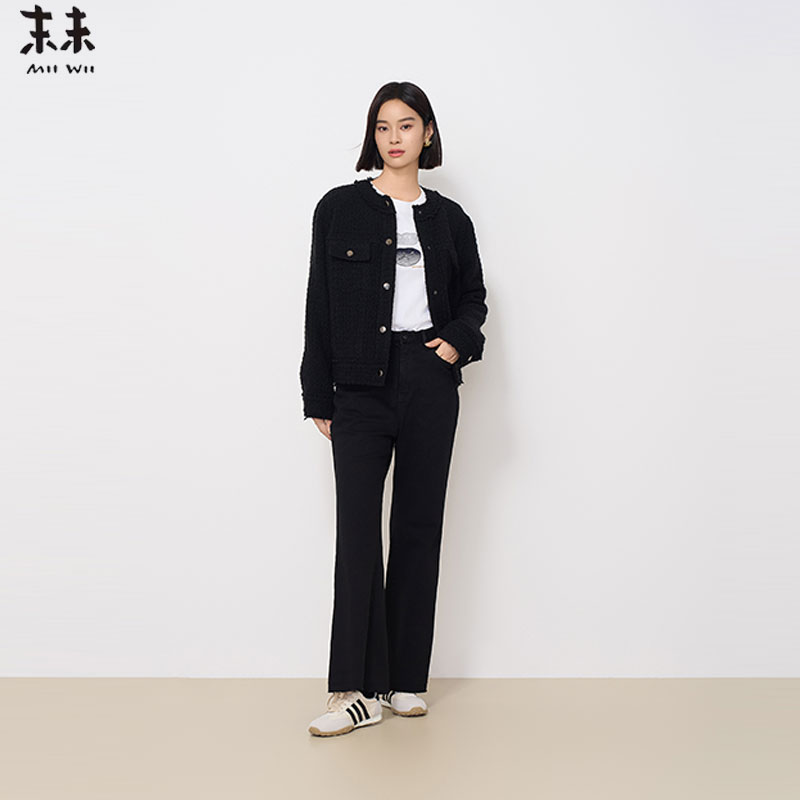 MIIWII末未24冬黑色圆领肌理感呢料短外套廓形小香外套女W244414