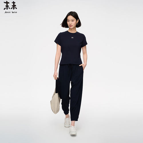 MIIWII末未25夏新款藏青色百搭休闲针织长裤女K252239
