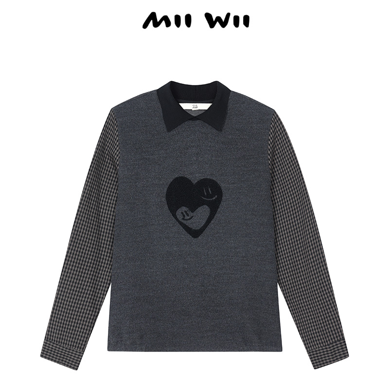 末未MIIWII24冬深灰色衬衫领针织拼接长袖上衣S244219女士