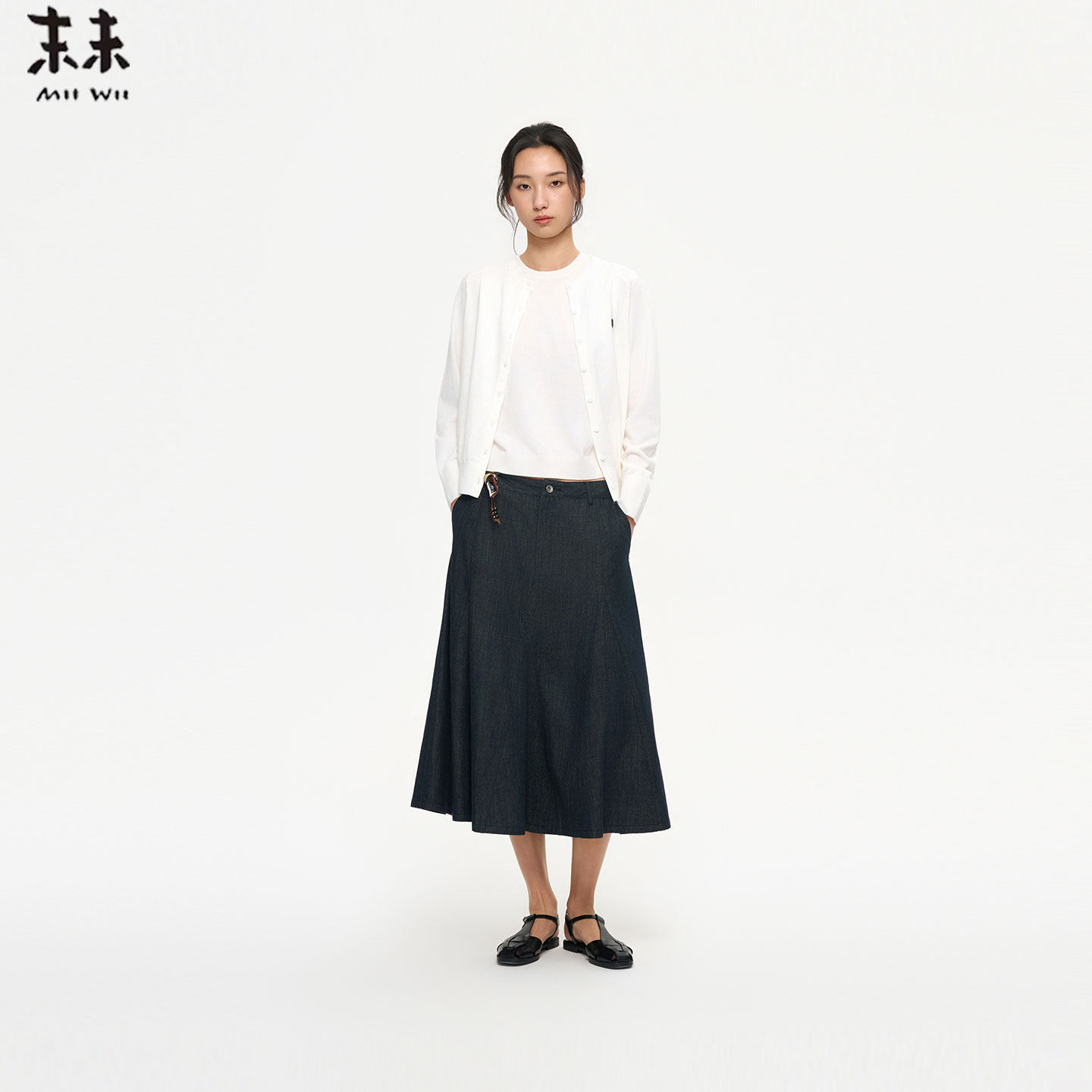 MIIWII末未26夏深蓝色全棉牛仔摆裙百搭显瘦牛仔中长半裙Q262142