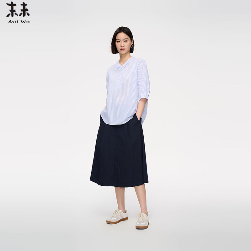 MIIWII末未25夏蓝白细条衬衫领复古条纹宽松上衣女S252614
