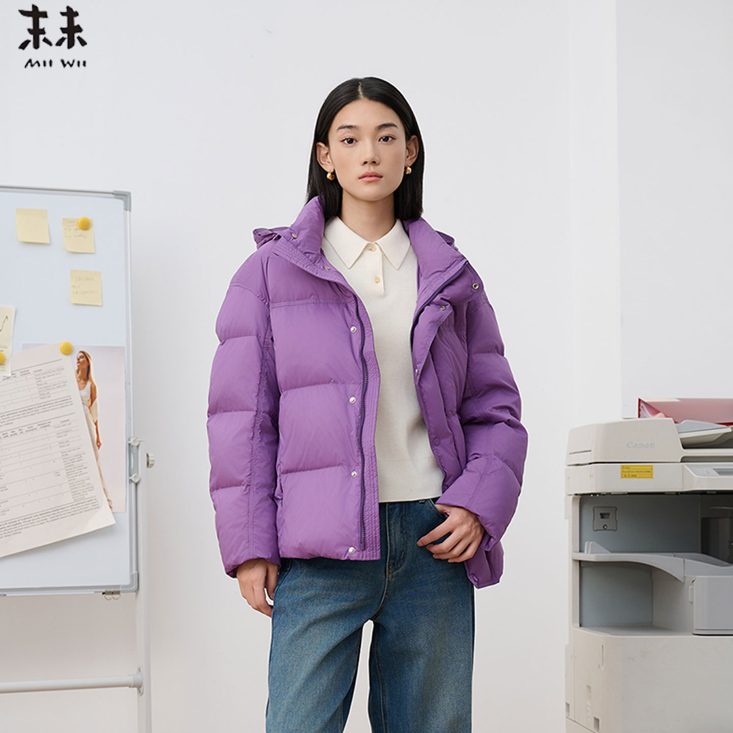 MIIWII末未25冬紫色连帽立领短款保暖云朵龟背羽绒服女R254316
