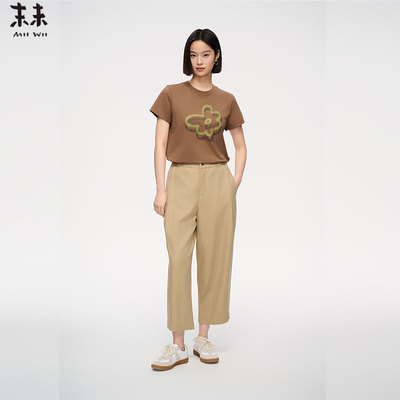 MIIWII末未25夏咖色圆领短袖上衣卡通印花T恤女T252320