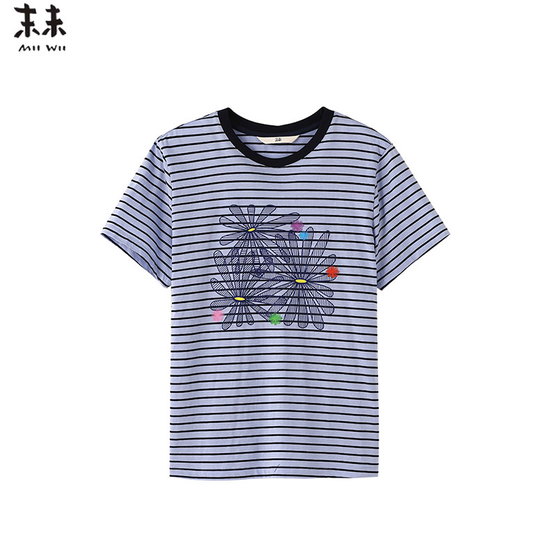 MIIWII末未25夏藏青紫条纹全棉针织上衣圆领短袖女T252143