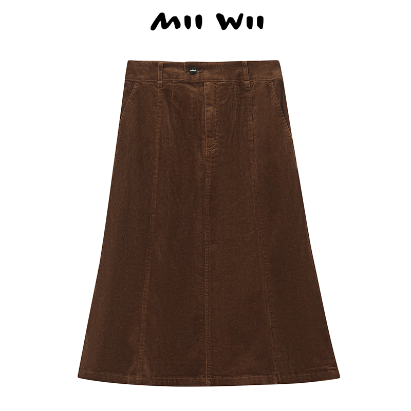 末未棕色洗水灯芯绒长半裙