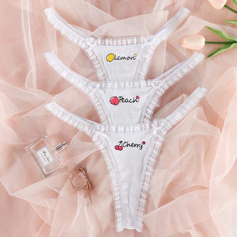 性感蕾丝边拼接罗纹薄款透气运动T型内裤 水果印花大码女士丁字裤