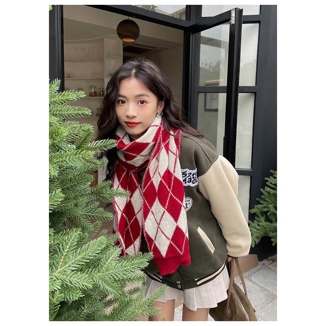 Guangyu Same Scarf Red Diamond Checkered Tassel Red Edition