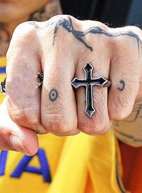 Cross ring欧美新款跨境暗黑滴油十字架戒指夸张个性开 口关节戒