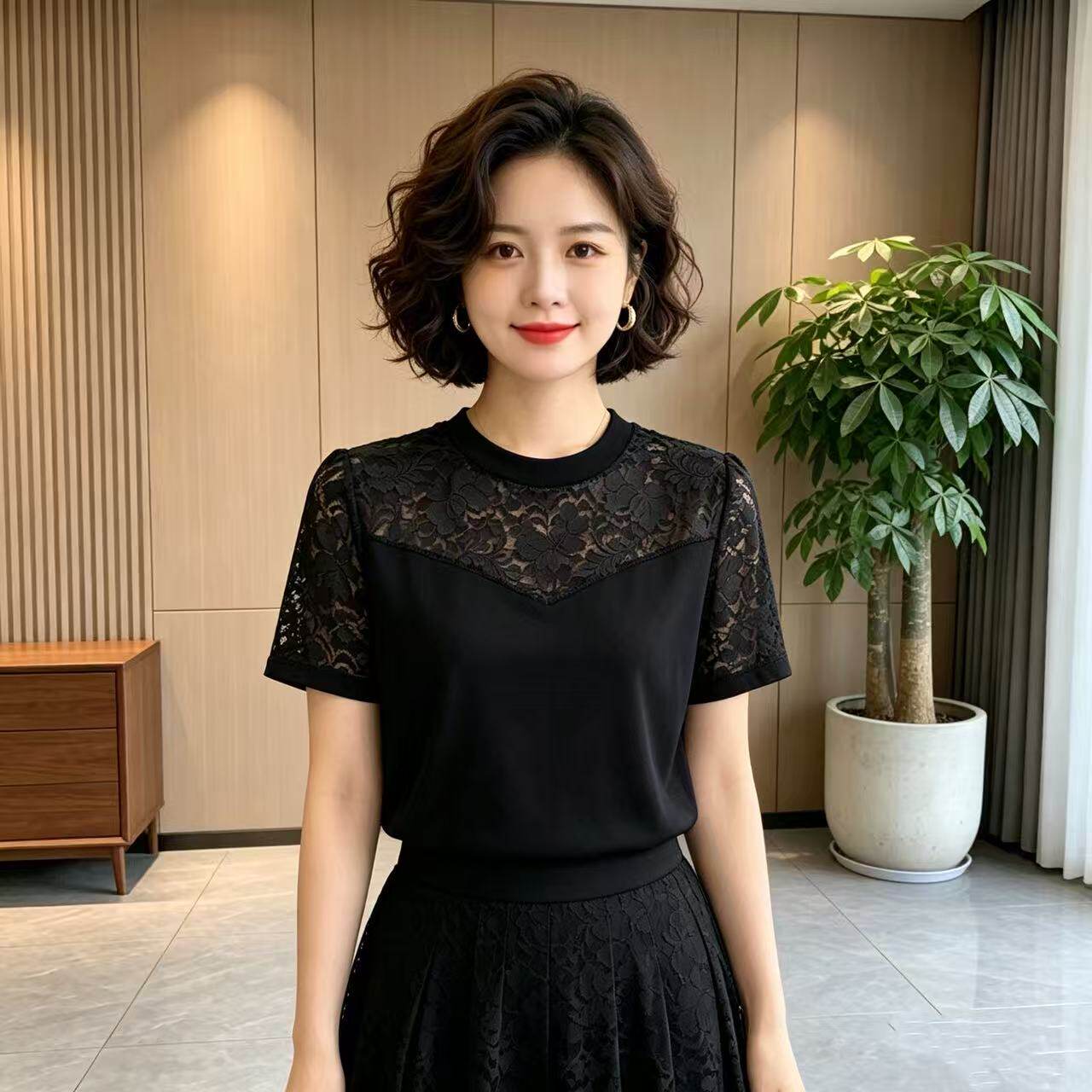 夏季中年拼接蕾丝镂空短袖T恤女