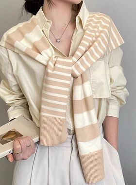 法式条纹不对称针织披肩围巾女