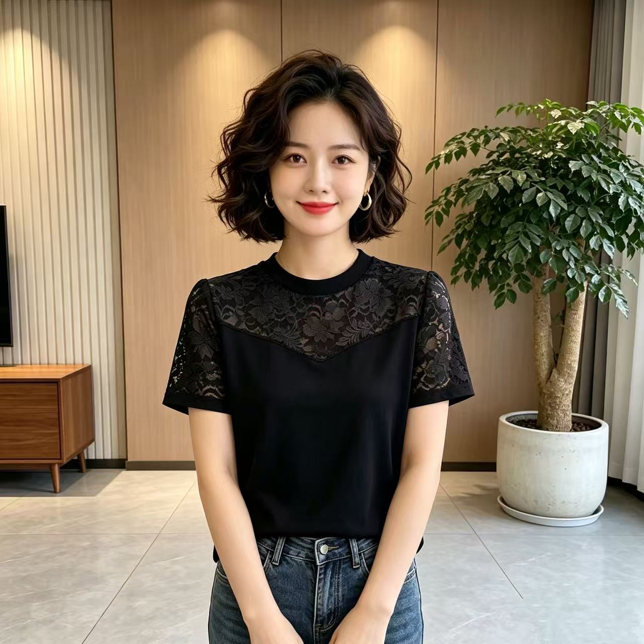 夏季大码蕾丝拼接短袖T恤显瘦女