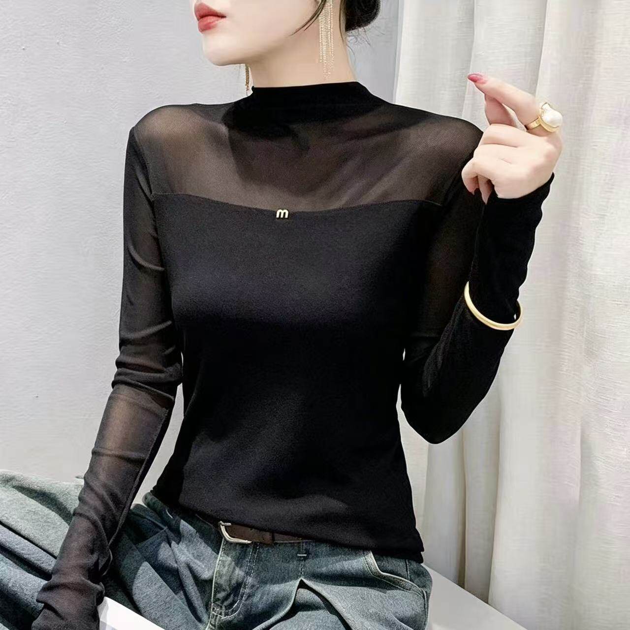 秋冬半高领网纱拼接长袖打底女