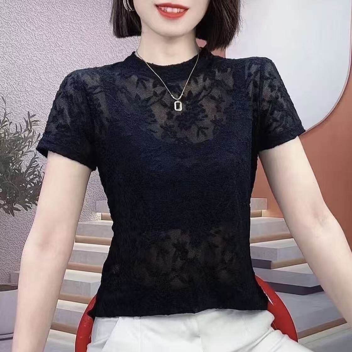 夏季薄款提花网纱蕾丝修身T恤