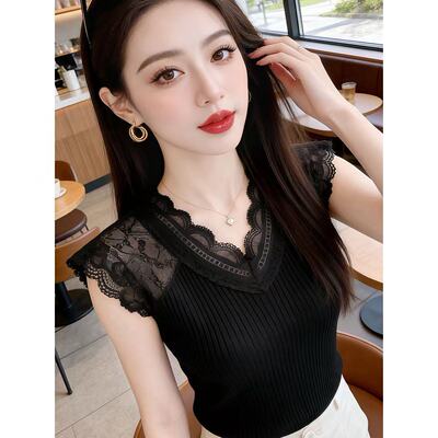 夏季冰丝针织蕾丝V领修身背心女
