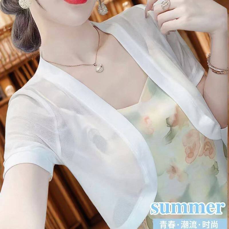 白色冰丝透气女短袖上衣2025新款小披肩夏季配裙子外搭薄款开衫