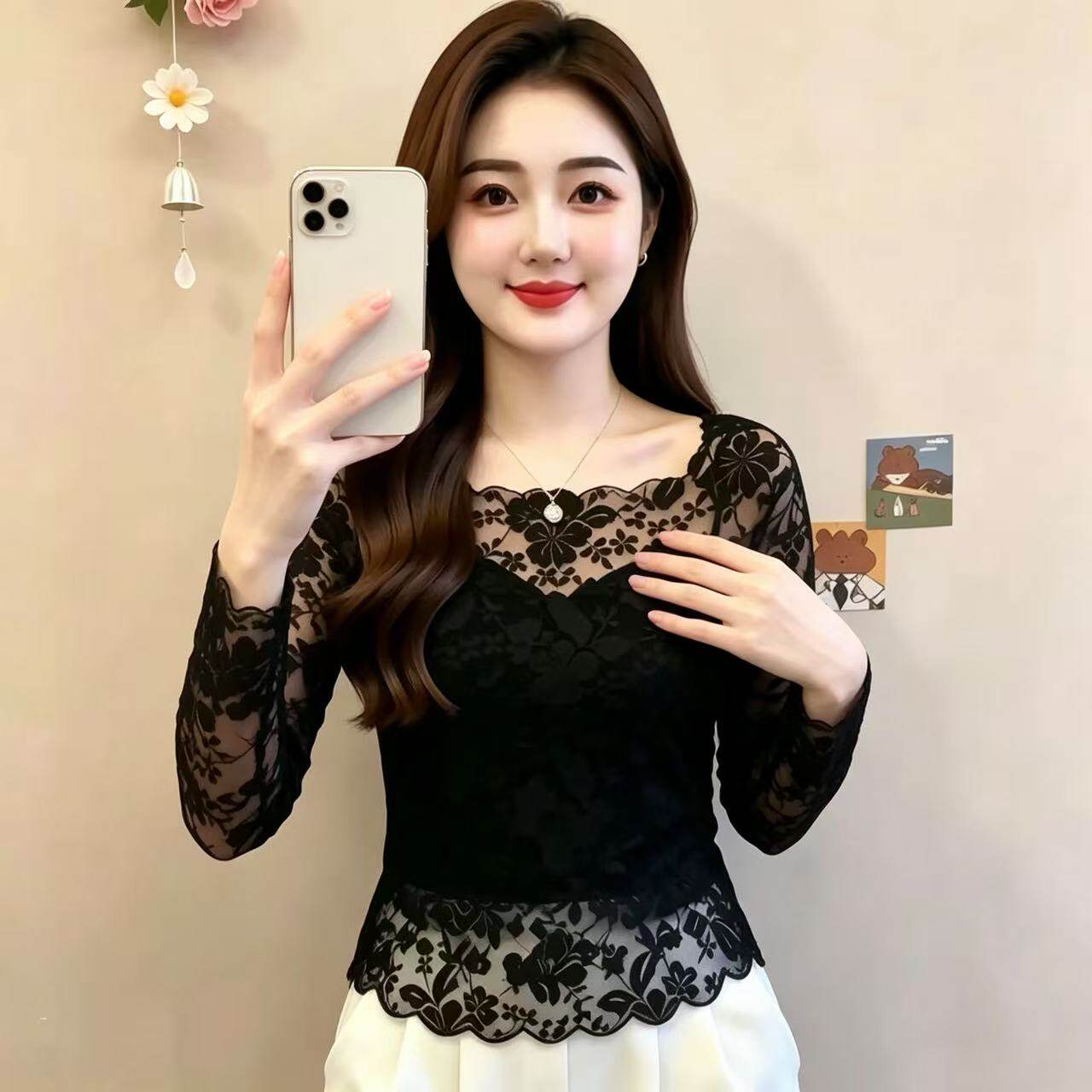 黑色方领蕾丝长袖T恤女秋装花边网纱打底衫精致镂空叠穿气质内搭