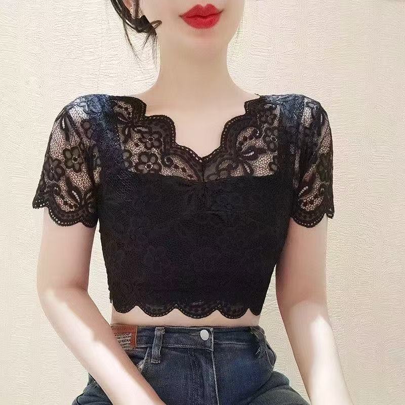法式蕾丝V领短袖上衣女夏薄
