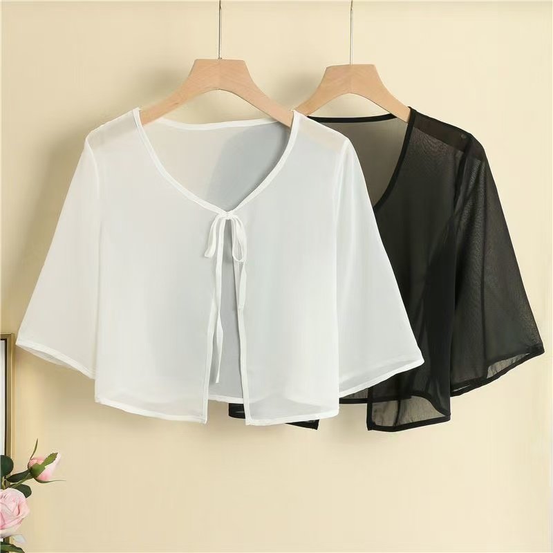 港风雪纺小衫披肩短款开衫女短袖夏季薄款防晒衣配吊带裙外搭坎肩