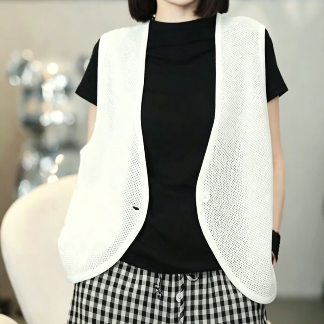 大码白色V领镂空针织马甲女款图片