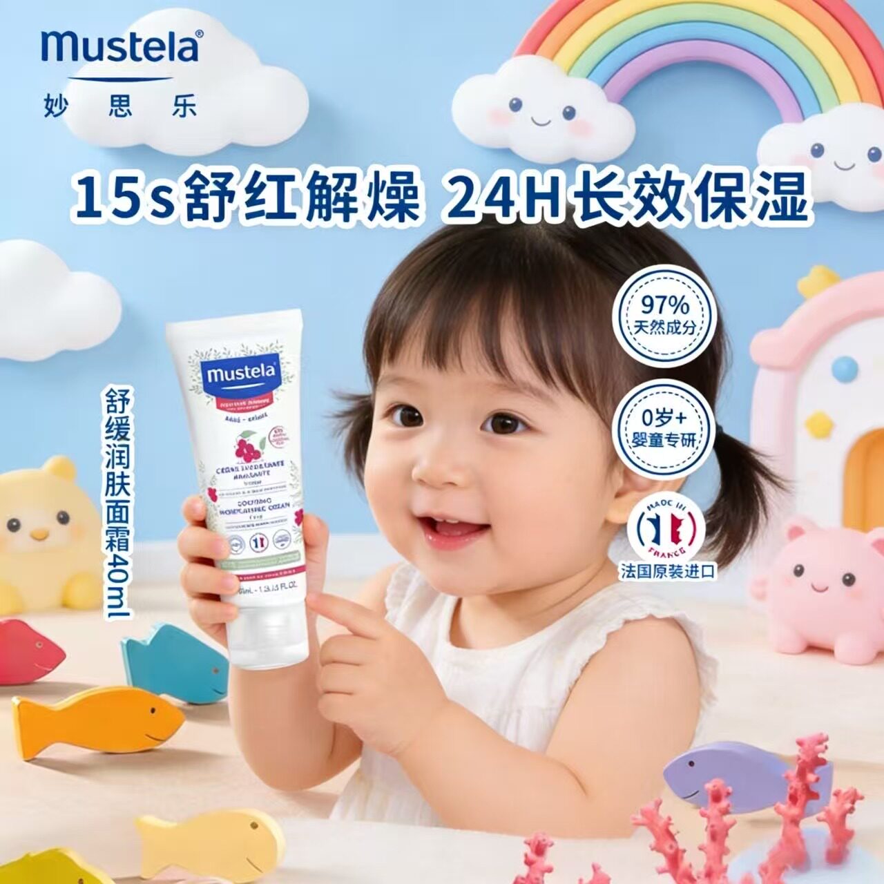 mustela妙思乐舒缓保湿面霜40ml宝宝儿童滋润护肤 无香型无添加