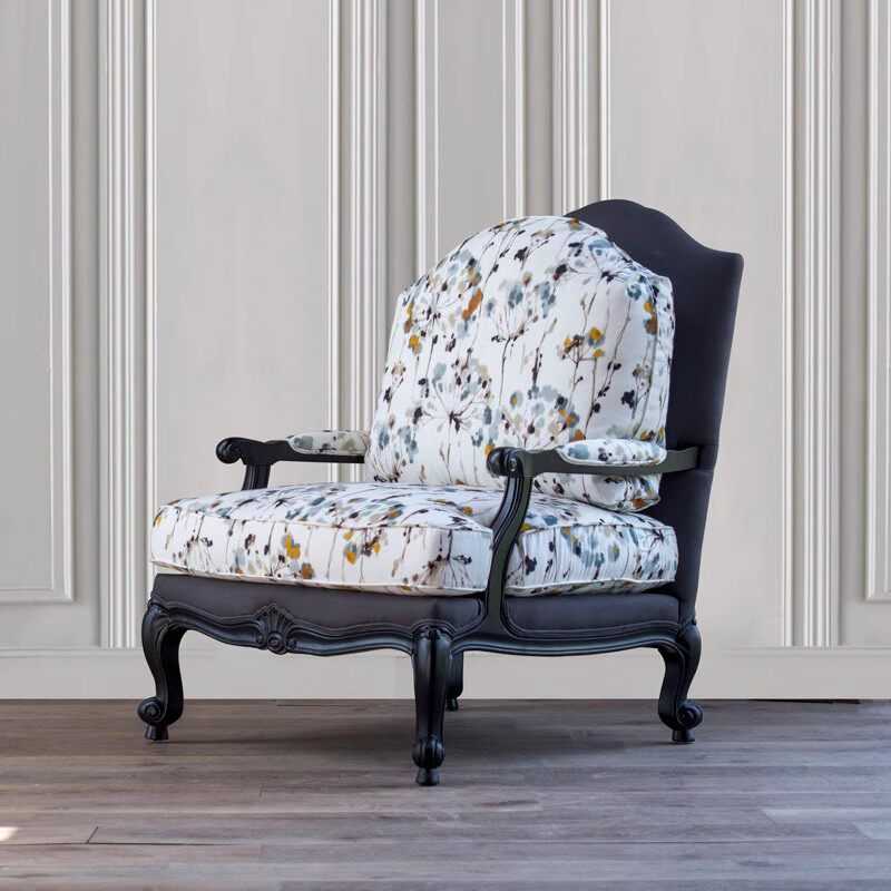 美式轻奢实木布艺单人沙发雕花老虎椅欧式小户型高背休闲椅大尺寸