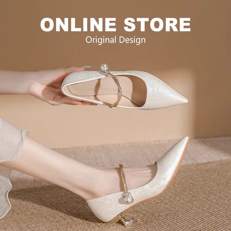 新中式国风白色玛丽珍单鞋女尖头气质高跟鞋配旗袍礼服女鞋小皮鞋