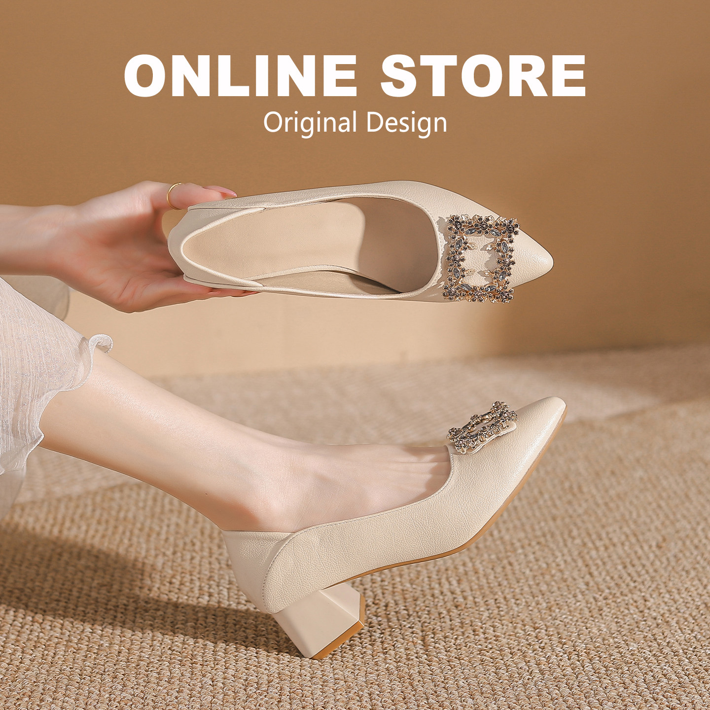 法式尖头水钻浅口单鞋女2026新款粗跟软底不累脚配裙子工作高跟鞋