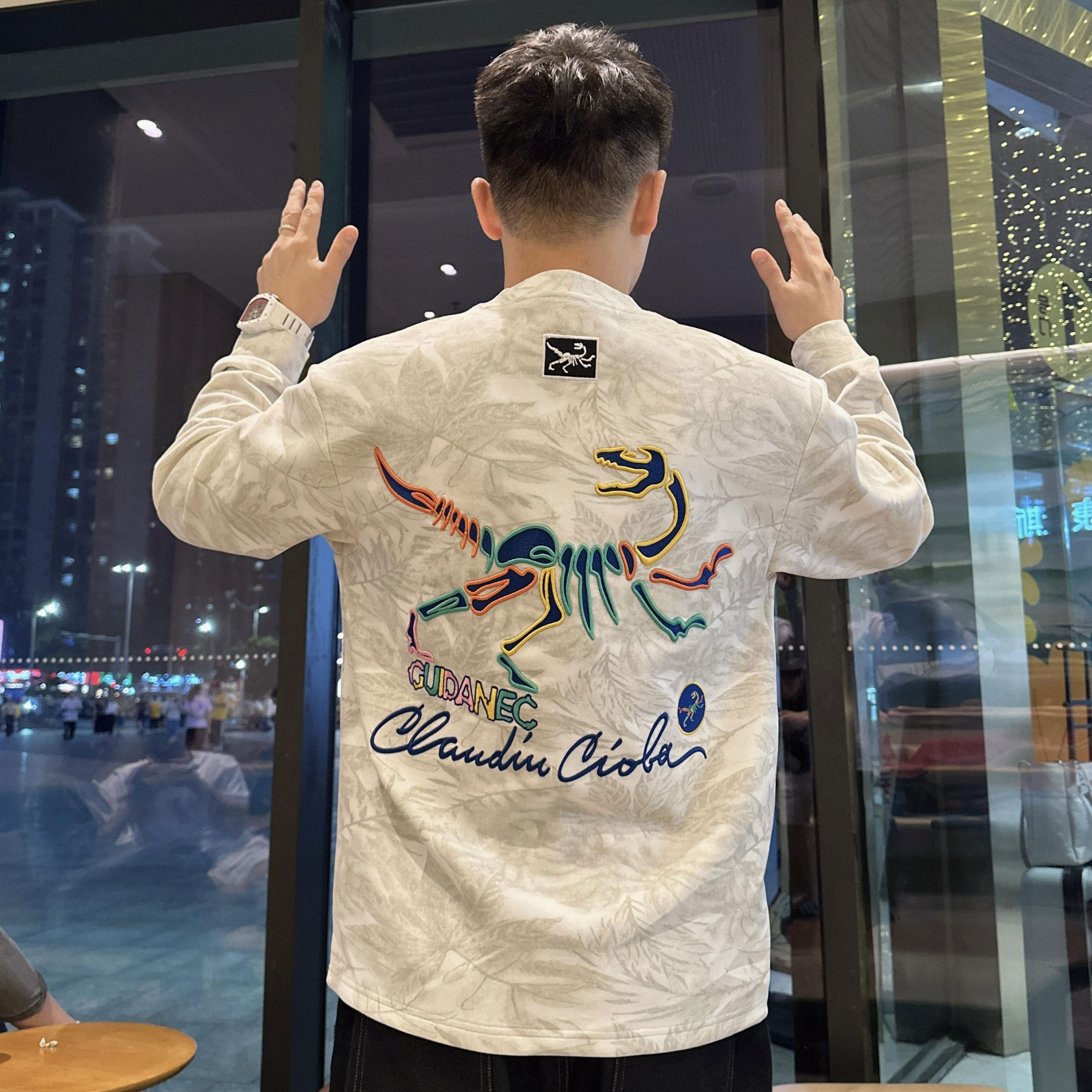 彩色恐龙骨架全刺绣卫衣圆领