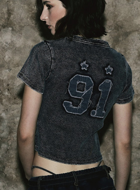 BADBLOOD[w-tee25-012] 锈色牛仔修身T恤 - 蓝色/黑色