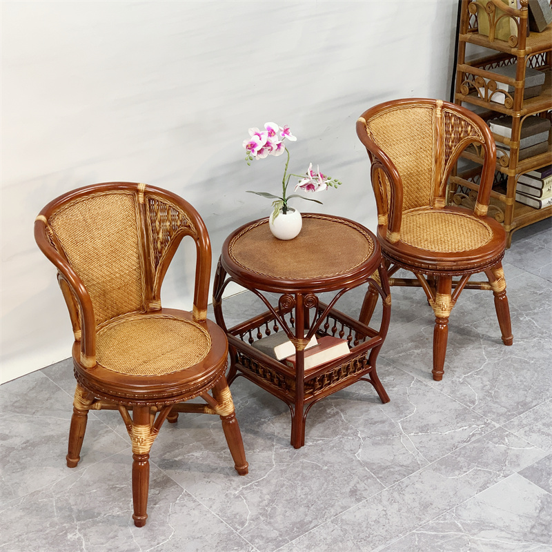 家用天然纯真藤椅三件套阳台茶桌椅组合休闲顶腰靠背椅单人藤转椅